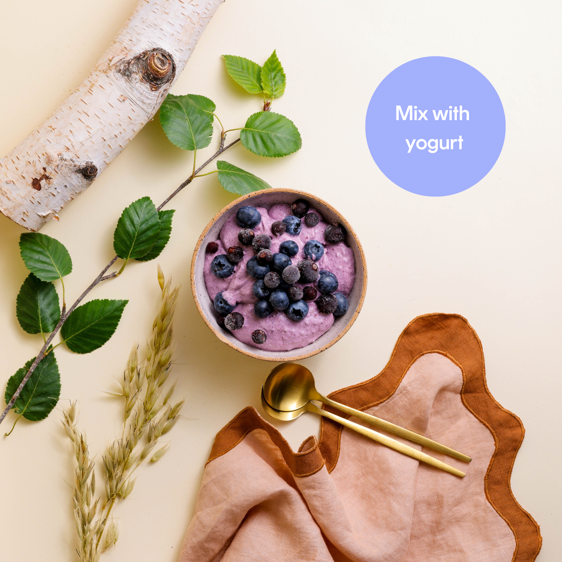 Bowl of yogurt with Puuro fiber and birch log