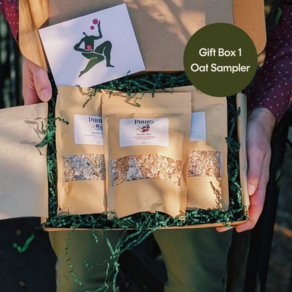 three bags of oatmeal in a gift box