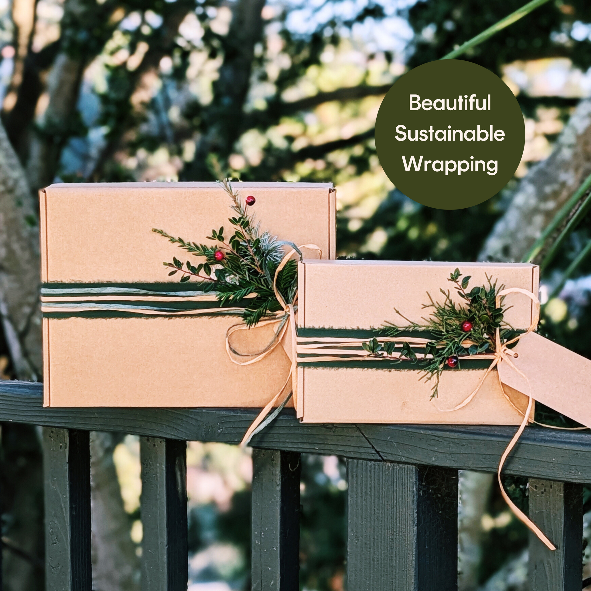 two holiday gift boxes sustainably wrapped